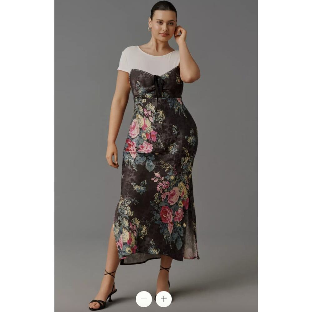 Anthropologie Twofer Black Floral Midi Slip Dress Small NEW NWT - Picture 2 of 7